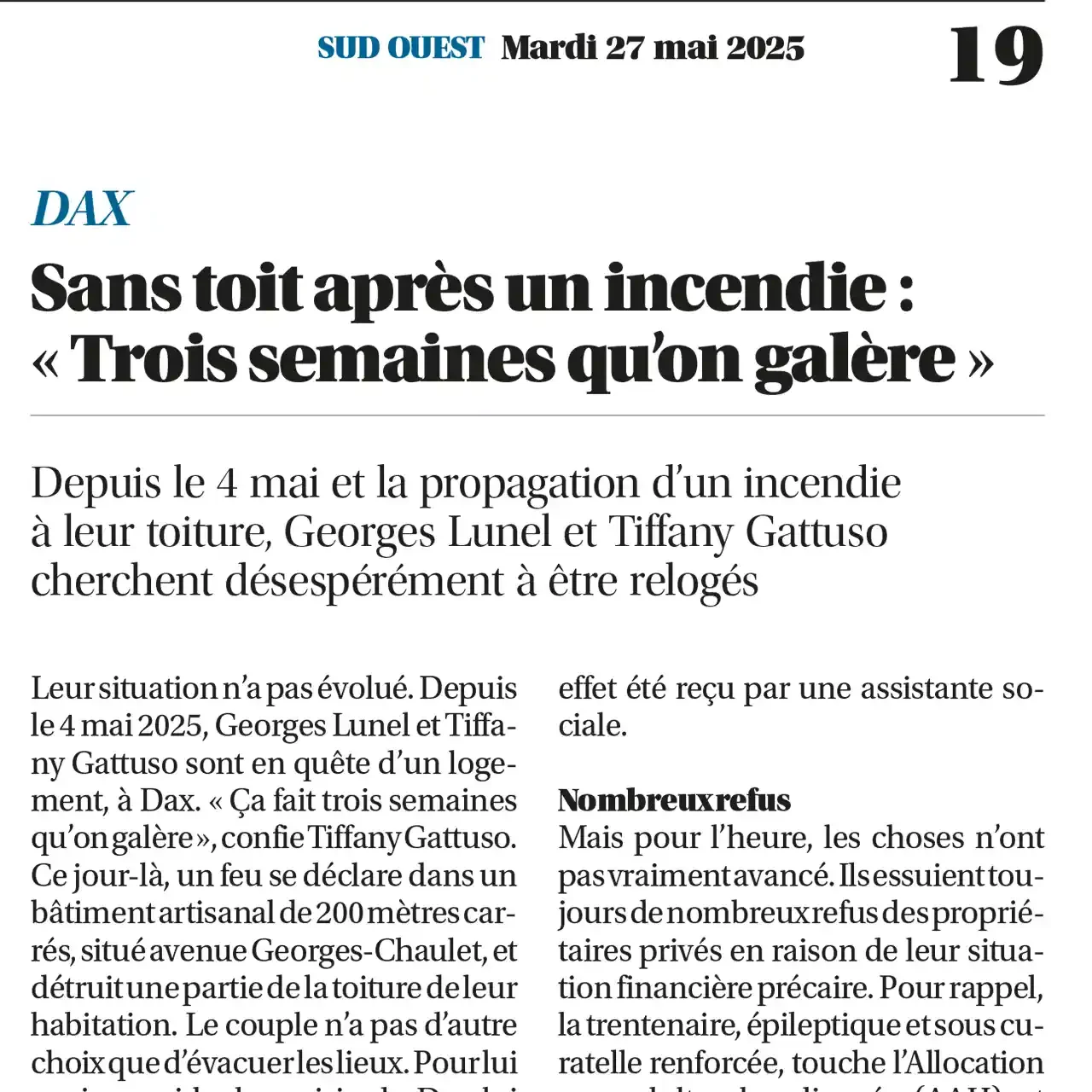 Sans toit après un incendie à Dax : « Trois semaines qu'on galère »